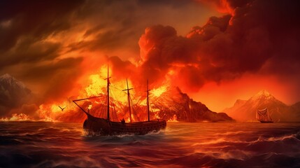 Obraz premium Volcano Eruption On Fire ocean and boats, sharp focus, intricate, diorama, omunious atmosphere,detailed illustration, beautiful color palette.