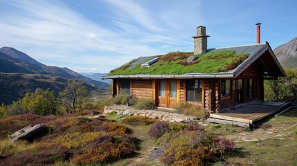 Fototapeta premium An off-grid cabin with a green roof and rainwater collection system, located in a remote mountain area with panoramic views.