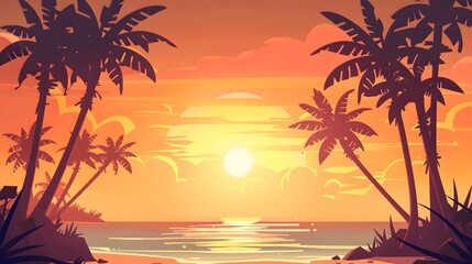 Tropical sunset paradise with silhouetted palms