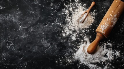 Top view rolling pin and flour baking flat lay on dark table background. Generated AI image - Powered by Adobe