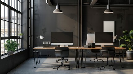 Stylish coworking interior with pc monitors on tables, window. Mockup frame hyper realistic 