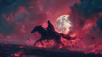 A striking digital artwork depicting a rider on horseback galloping through a stormy, apocalyptic landscape under a tumultuous sky, Digital art style, illustration painting.