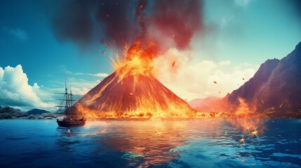 Volcano Eruption On Fire summertime blue skies beautiful colours surrounded by the ocean and boats.