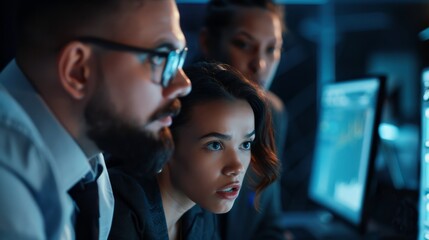 Team reviewing a company-wide cyber incident response plan, with a close-up on the plan and their serious expressions, showcasing preparedness and strategic planning hyper realistic 