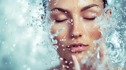 Closeup portrait of a beautiful young woman with water splashing on her face