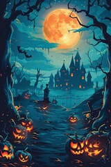 Spooky Halloween Night Graveyard - obrazy, fototapety, plakaty