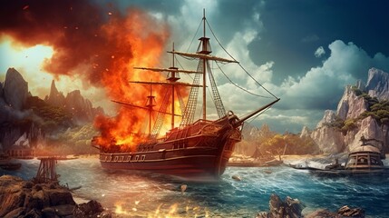 Obraz premium Volcano Eruption On Fire summertime blue skies beautiful colours surrounded by the ocean and boats.