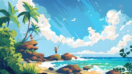 Two people fishing on a serene tropical coast harmony with nature