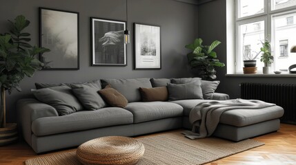 gray couch in a living room with plants and black picture frames