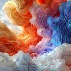Obraz premium Colorful abstract 3D rendering of a wavy terrain with a blue sky and white clouds in the background