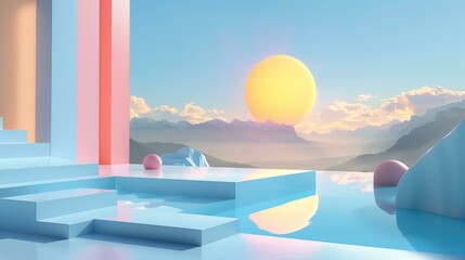 Blue and pink pastel surreal landscape with a giant sun and mountains in the background