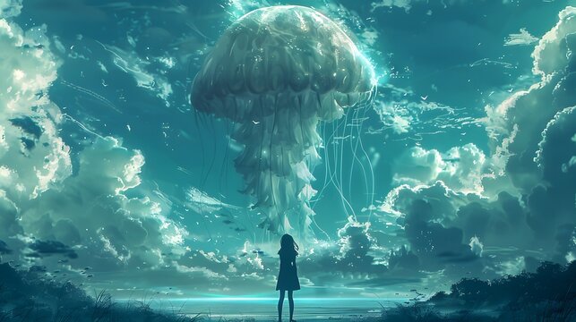 Surreal digital artwork depicting a giant jellyfish hovering over a coastal landscape against a dramatic cloud-filled sky.