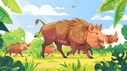 Warthog family trotting through the vibrant jungle