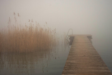 pontile su lago con nebbia