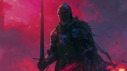 A bold digital painting depicting a knight in full armor, sword ready, enveloped in a vivid red mist, evoking a sense of impending battle.