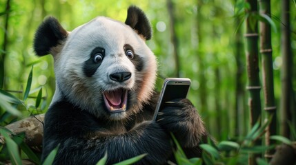 Panda animal surprised expression holding a smartphone in green bamboo forest. AI generated image