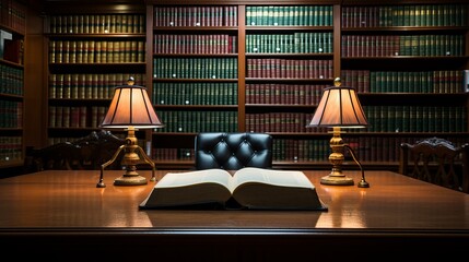 Open book on a desk in a library
