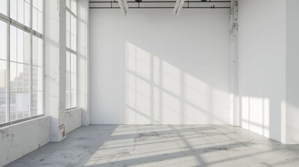 White industrial open space office corner with blank wall hyper realistic 