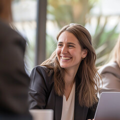 A smiling woman in business attire appears to be engaged in a pleasant conversation during a meeting, with a laptop in front of her and a blurred foreground suggesting someone else is present.