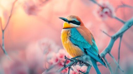 Fototapeta premium Vibrant Colorful Bird on Blooming Branch with Pastel Background