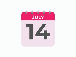 July 14 calendar reminder. 14 July daily calendar icon template. Calendar 14 July icon Design template. Vector illustration
