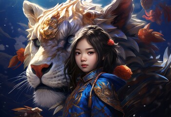 A Young Girl In Vibrant Blue Armor  With Majestic Mythical Tiger Against Fantasy Backdrop. Friendship And Protection In A Magical Realm. Fearless Gaze And Tiger Intense Eyes Convey  Tale Of  Adventure