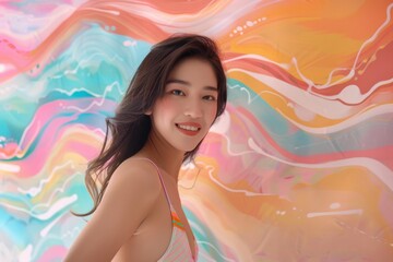 Posed against a backdrop of colorful pastel artistry, a beaming Asian woman in a bikini exudes happiness, her glamorous hair framing her attractive smile.