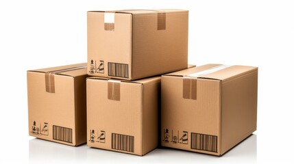 Four cardboard boxes stacked on a white surface