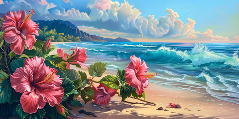Colorful hibiscus flowers of Maui, Hawaii blooms Amidst Sandy beach and Blue Ocean on a Vacation Escape at Sunset time