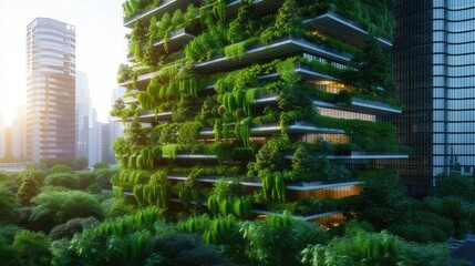 Green initiatives such as rooftop gardens, vertical farms, and eco-friendly buildings promoting sustainability and environmental stewardship