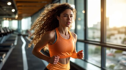 Young athletic woman running on a treadmill in a gym