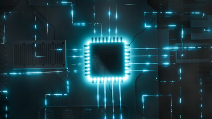 Data flow on PC motherboard. Processor among circuits and electronics. CPU.