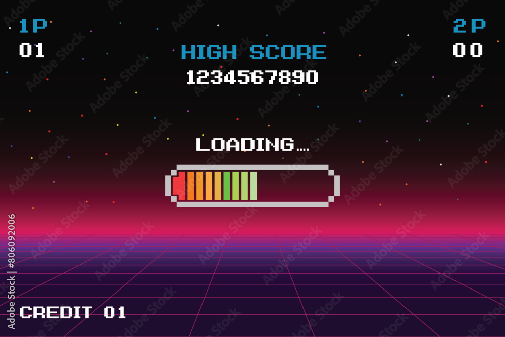 Poster loading .pixel art .8 bit game. retro game. for game assets in vector illustrations.