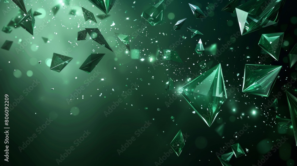 Poster dark green background, lots of triangles made from glowing emerald crystal shards and glass fragment