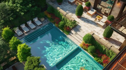 Elevated perspectives showcasing the intricate details of rooftop gardens, swimming pools, and outdoor terraces