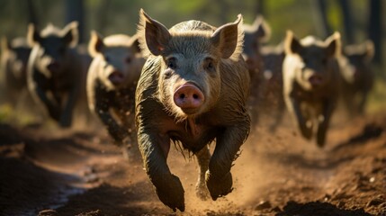 A group of feral pigs running through the forest