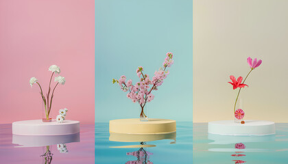 Collage of decorative podiums with fresh flowers on water against color background