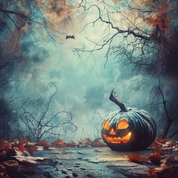 Spooky pumpkin in a haunted forest