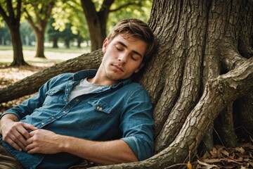 Sleeping Young man under an old tree