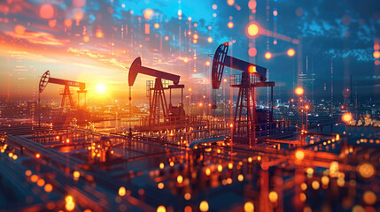 Oil pumpjacks and energy market dynamics at sunset Generative AI image, Bright color, realistic --ar 16:9 --style raw --stylize 250 Job ID: b65db9da-f0ed-4d8a-b57a-3c29df318140