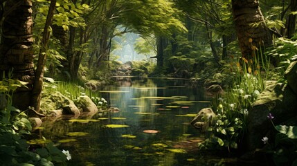Obraz premium A beautiful forest with a river running through it
