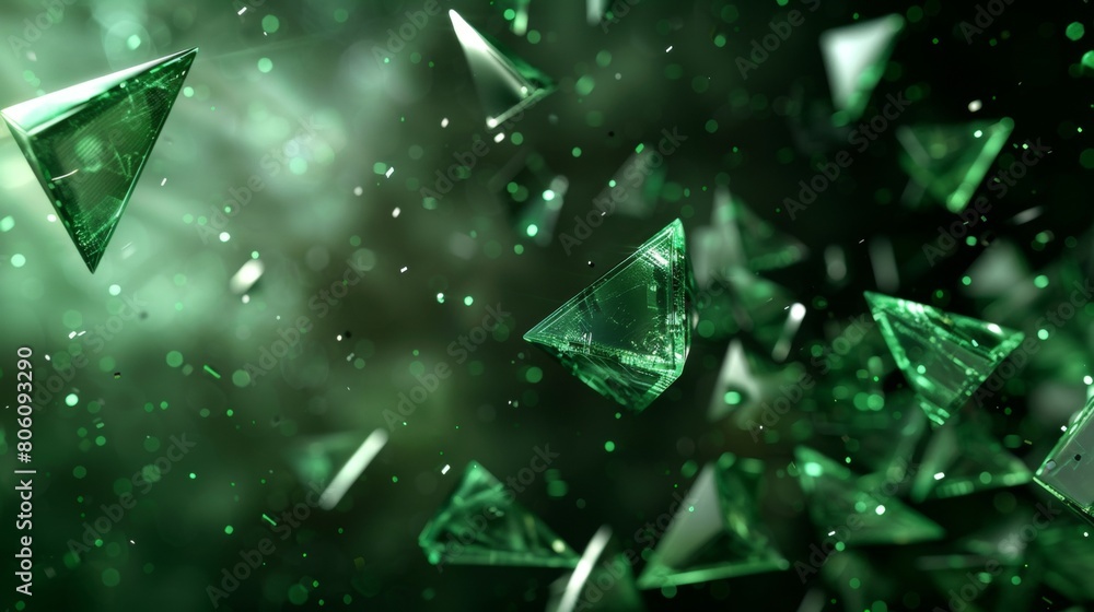 Poster dark green background, lots of triangles made from glowing emerald crystal shards and glass fragment