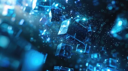 abstract background with glowing blue cubes and stars.,3d rendering, Neon light cube Block Network futuristic flying Matrix digital technologic animation 3D rendering
