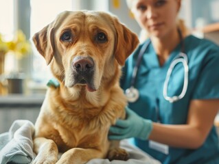 A veterinarian examines a dog in a clinic