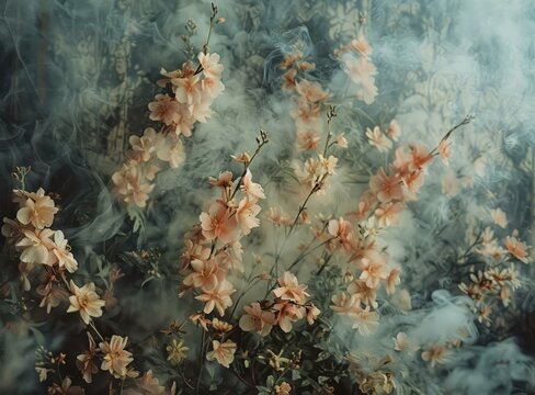 ethereal peach blossom in the mist