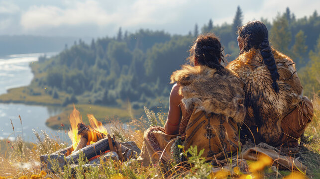 Neanderthal, primitive man, homo sapiens, prehistoric people sitting around a fire. Man learned to make fire.
