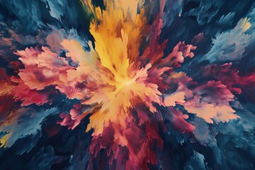 Vibrant cosmic journey with red, yellow, and navy hues. Minimalist design elevates negative space in energetic desktop wallpaper.