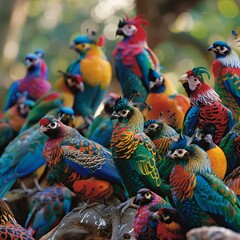 Naklejka premium A group of colorful birds are gathered on a branch