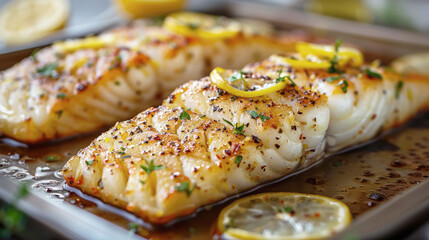 Side view of baked cod with lemon garnish, a white fish restaurant dish. Food photography.