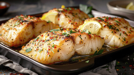 Side view of baked cod with lemon garnish, a white fish restaurant dish. Food photography.